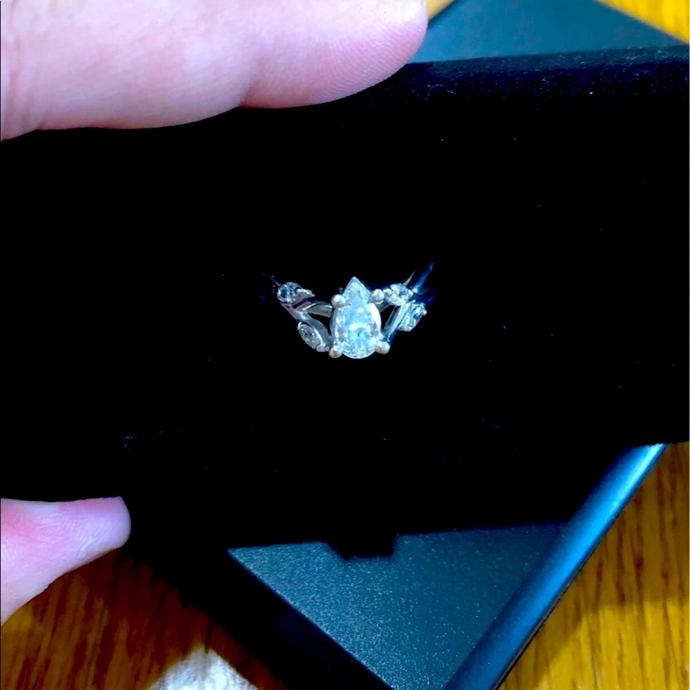 Genuine Diamond Pear Ring in 14k Solid White Gold (Not Plated)